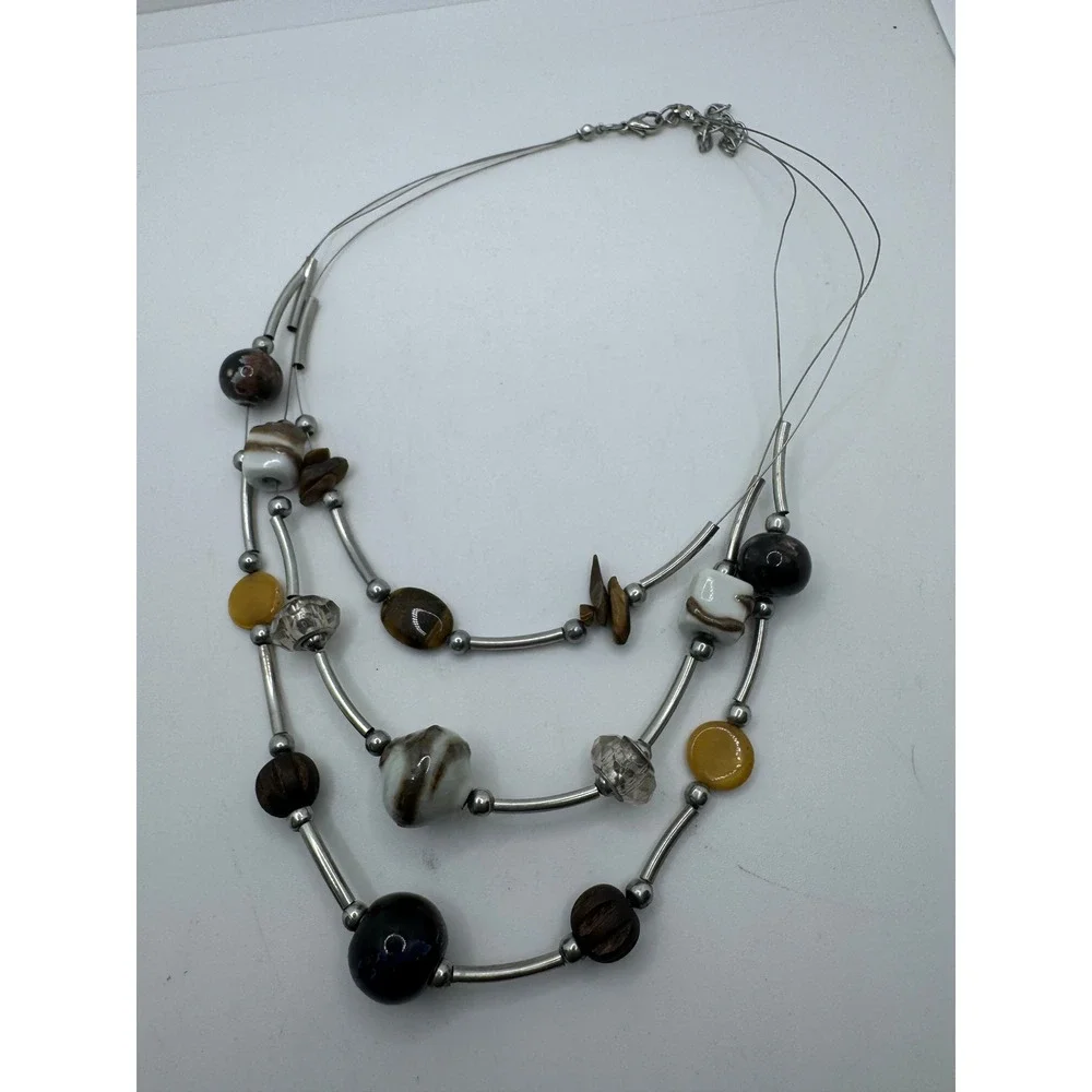 Multi Layered Beaded Statement Necklace Brown Silver Stone Wood Boho Artisan